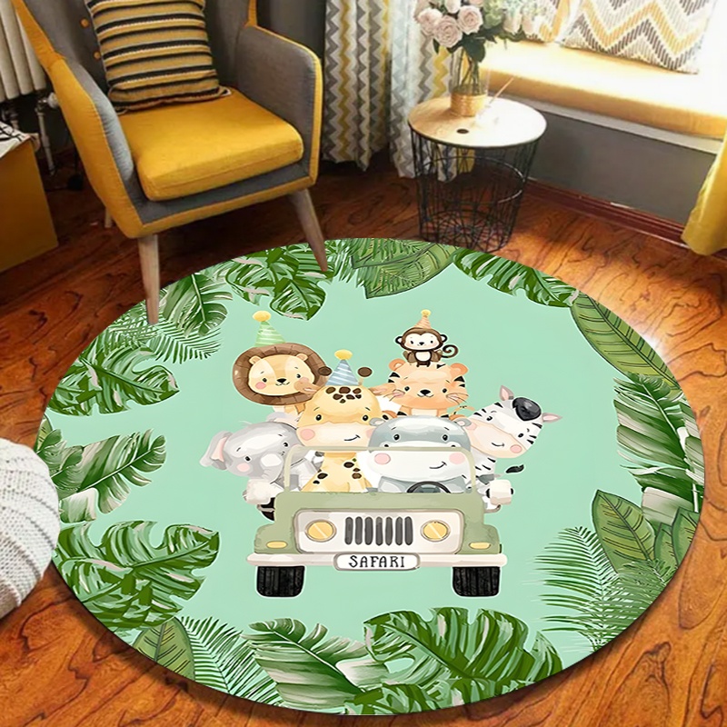 Kids Outdoor Zoo - Karpet Bulat Motif Hewan Safari Lucu,